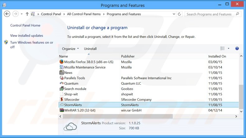 desinstalar o adware StormAlerts via Painel de Controlo