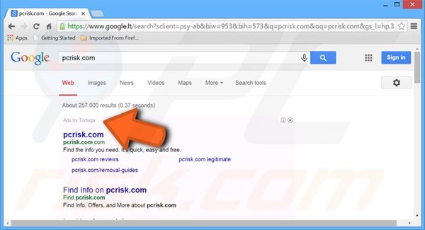 Publicidades de pesquisa de Internet gerados pelo adware Tortuga