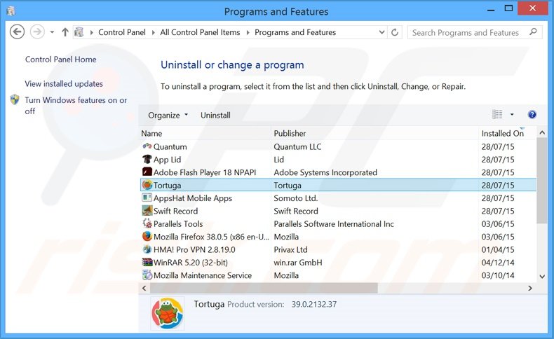 desinstalar o adware Tortuga via Painel de Controlo