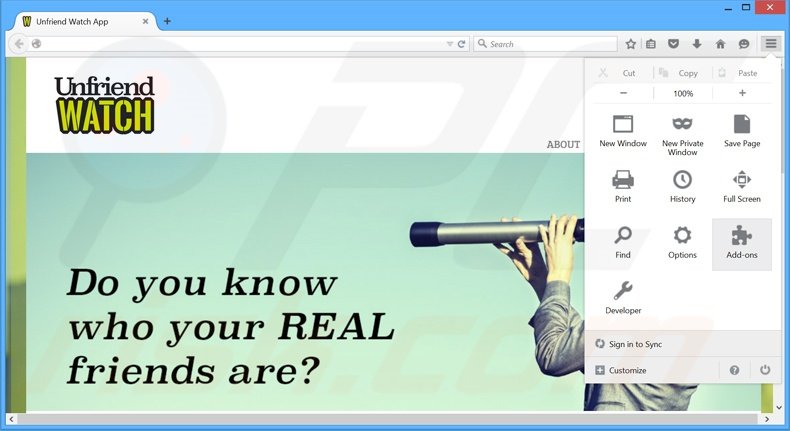 Removendo os anúncios Unfriend Watch do Mozilla Firefox passo 1