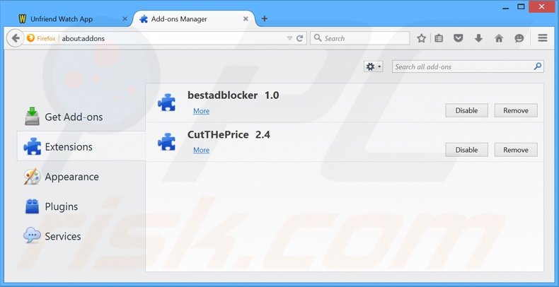 Removendo os anúncios Unfriend Watch do Mozilla Firefox passo 2