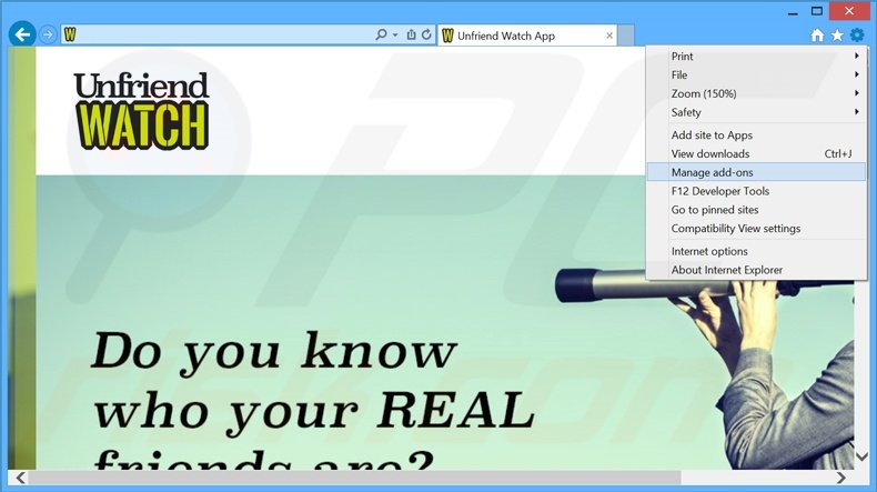 Removendo os anúncios Unfriend Watch do Internet Explorer passo 1