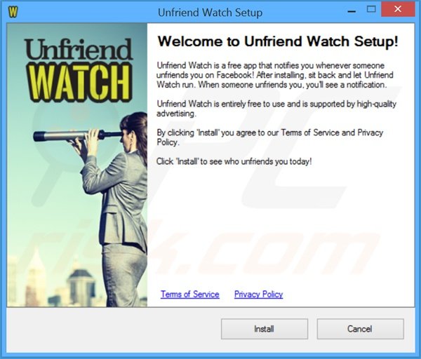 Configuração da instalação oficial do adware Unfriend Watch