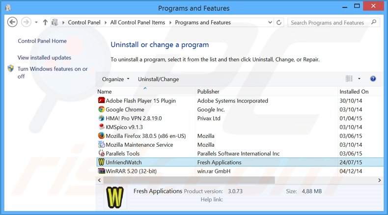 desinstalar o adware Unfriend Watch via Painel de Controlo