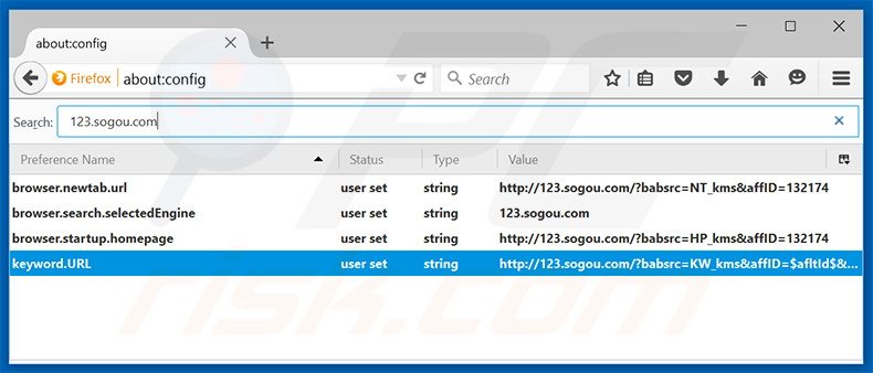 Remover a página inicial 123.sogou.com e motor de busca padrão do Mozilla Firefox