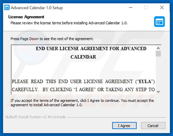 Configuração da instalação do adware oficial Advances Calendar
