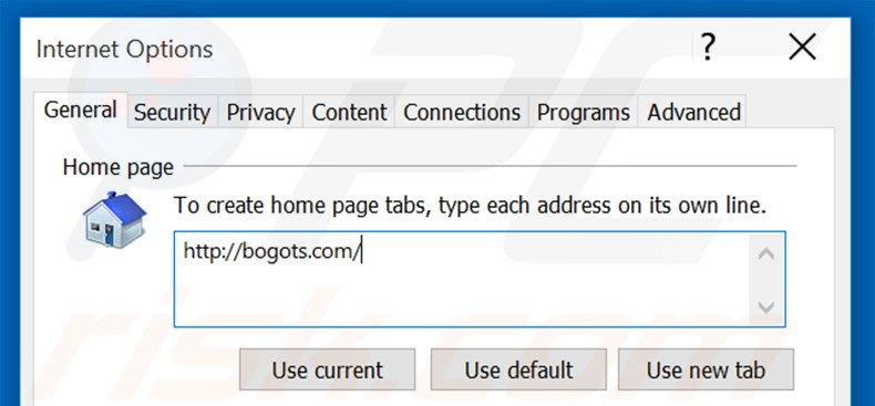 Removendo a página inicial bogots.com do Internet Explorer
