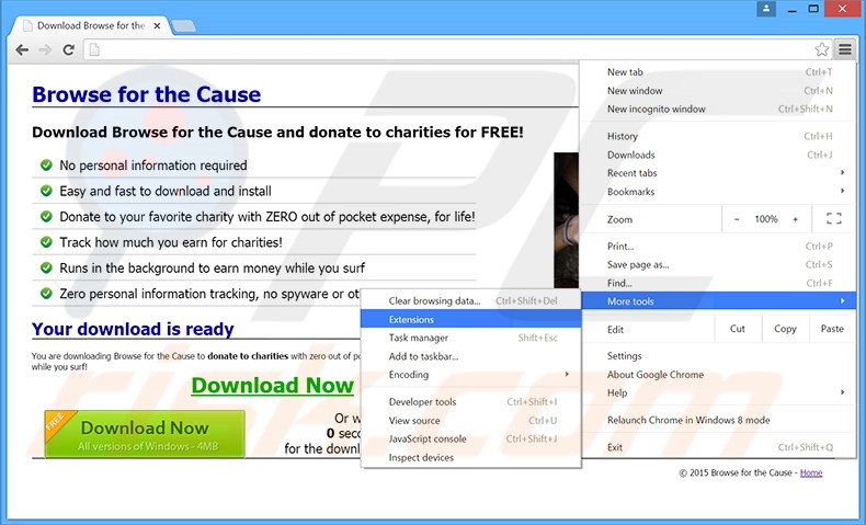 Remover os anúncios Browser For The Cause do Google Chrome passo 1