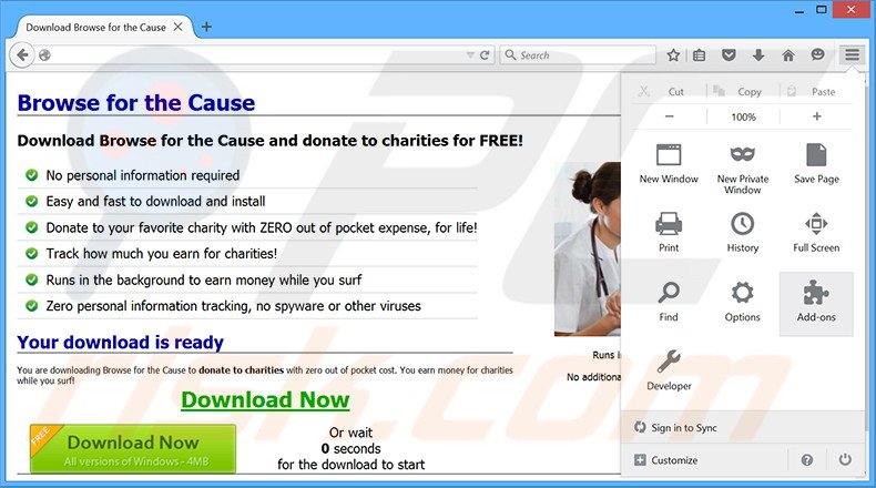 Remover os anúncios Browser For The Cause do Mozilla Firefox passo 1