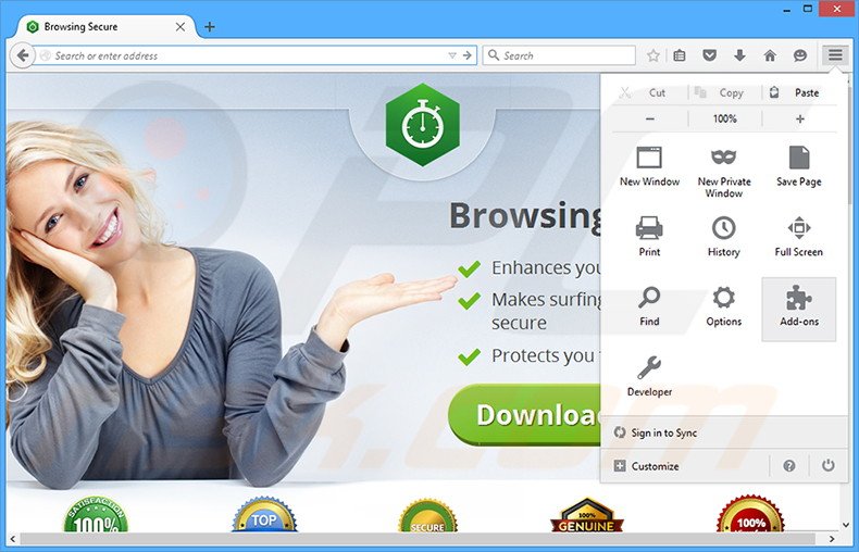 Removendo os anúncios Browsing Secure do Mozilla Firefox passo 1