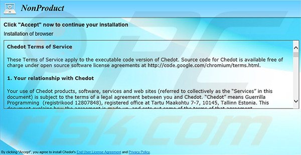 O instalador de software fraudulento usado para distribuir Chedot Browser
