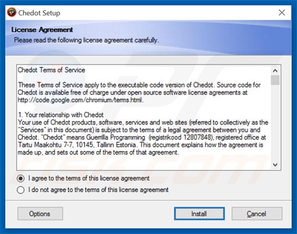 Configuração da instalação do adware oficial de Chedot Browser