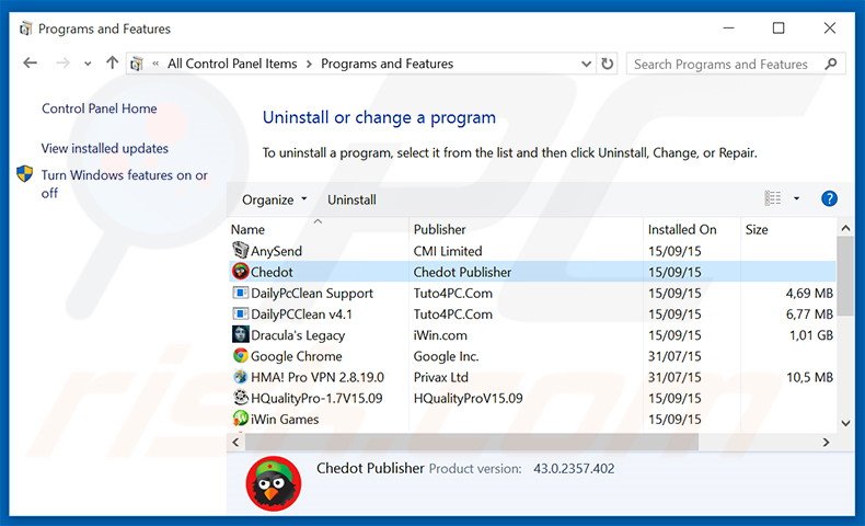 desinstalar o adware Chedot Browser através do Painel de Controlo