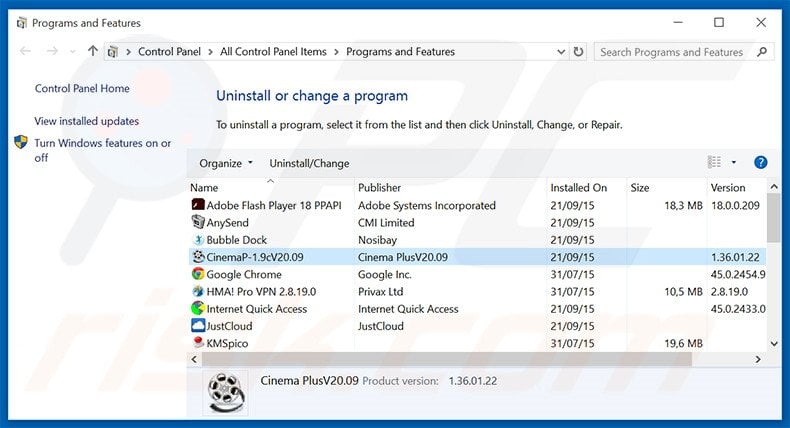 desinstalar o adware CinemaP via Painel de Controlo