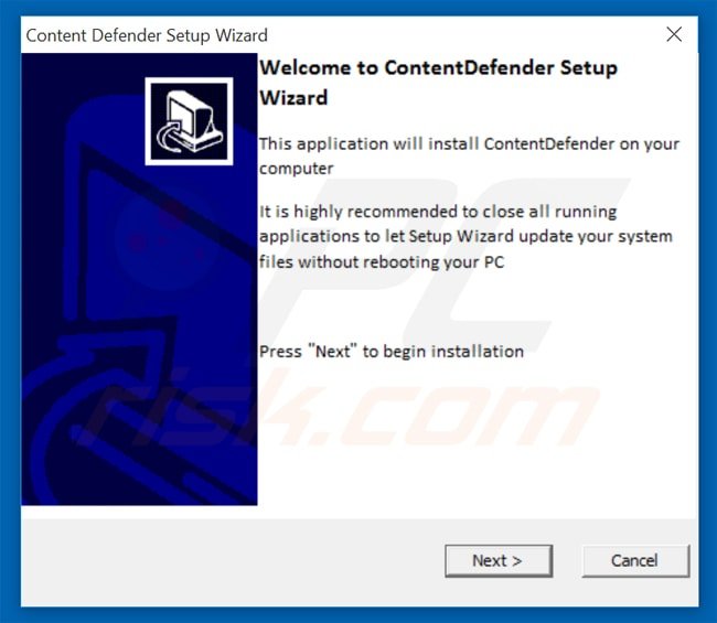 Configurador do instalador do adware Content defender