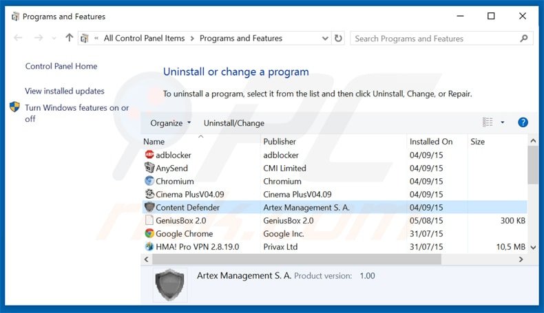 desinstalar o adware Content Defender via Painel de Controlo