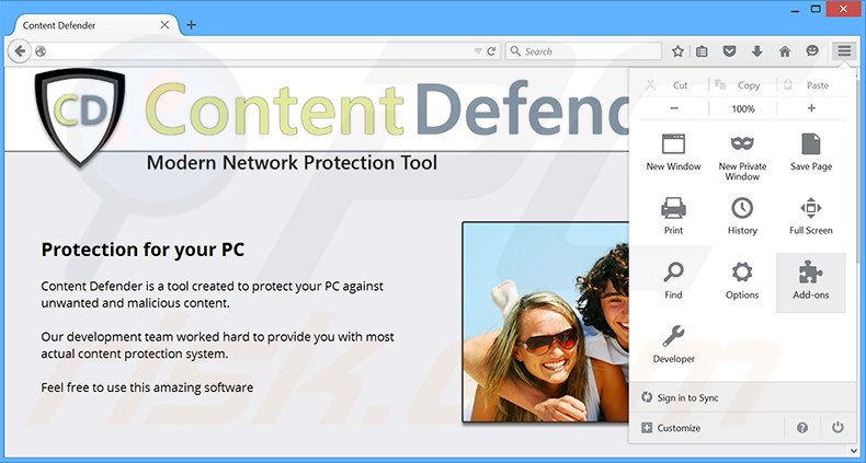Removendo os anúncios Content Defender do Mozilla Firefox passo 1