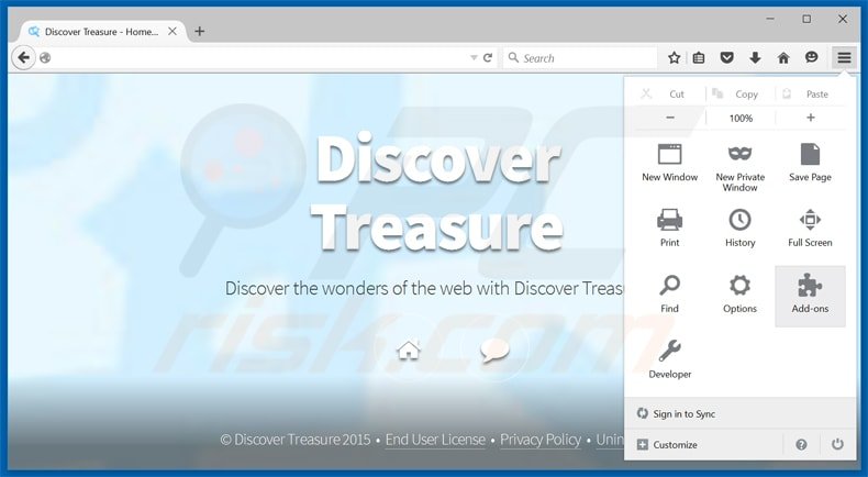 Removendo o adware Discover Treasure do Mozilla Firefox passo 1