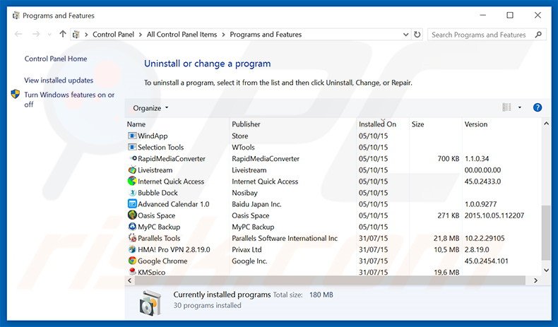 desinstalar o adware Discover Treasure através do Painel de Controlo