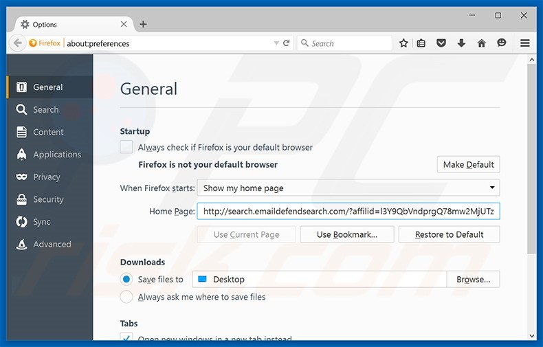 Remover search.emaildefendsearch.com da página inicial do Mozilla Firefox