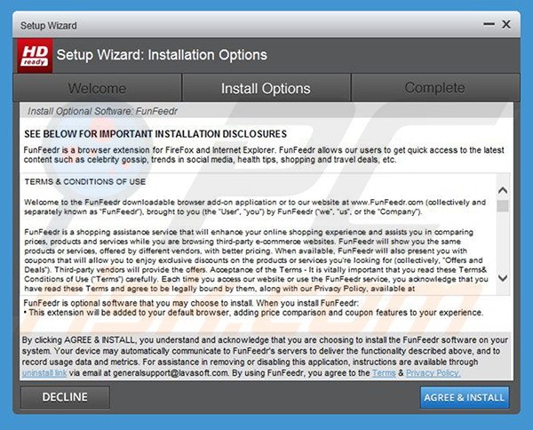 Configuração da instalação fraudulenta usada para distribuir o adware FunFeedr 