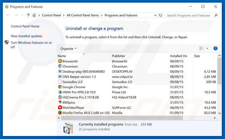 desinstalar o adware FutureGames via Painel de Controlo