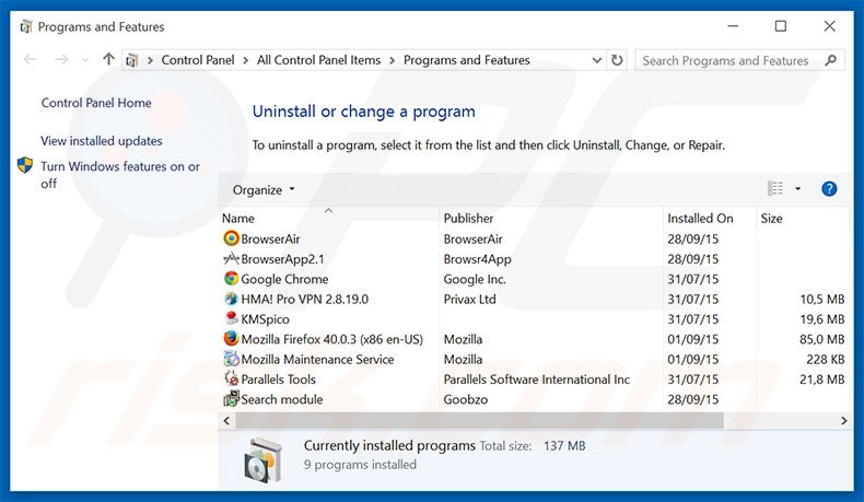 desinstalar o adware Internet Browser através do Painel de Controlo