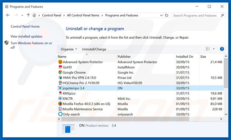 desinstalar o adware Jogotempo via Painel de Controlo