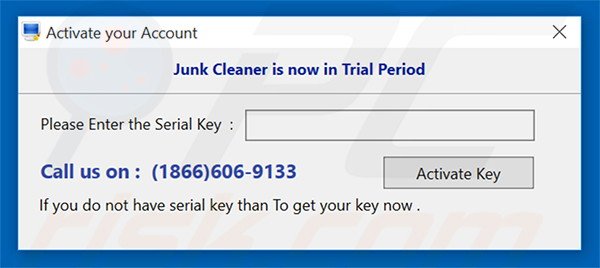 Junk Cleaner a encorajar os utilizadores a comprar a chave de ativação