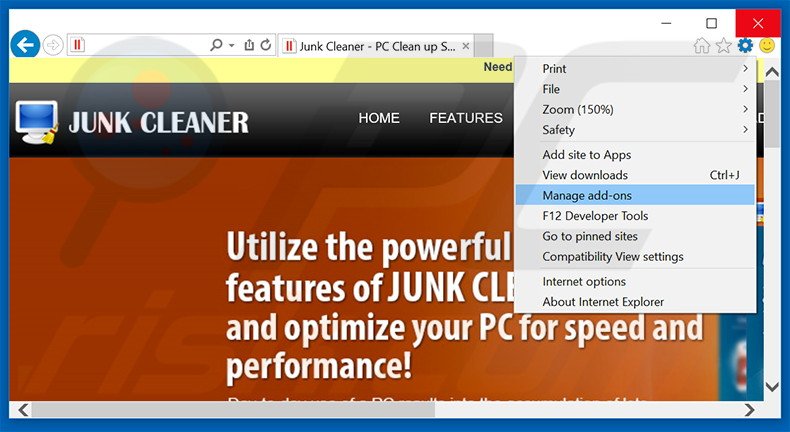 Removendo os anúncios Junk Cleaner do Internet Explorer passo 1