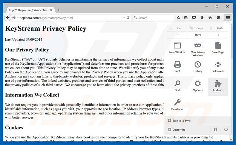 Removendo os anúncios KeyStream do Mozilla Firefox passo 1