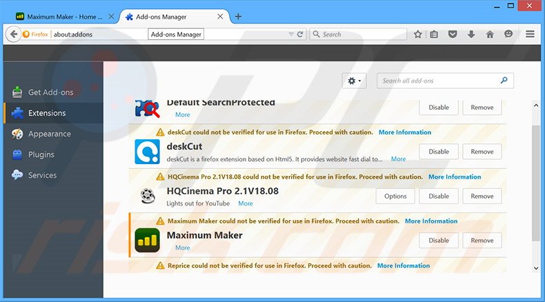 Removendo os anúncios Maximum Maker  do Mozilla Firefox passo 2