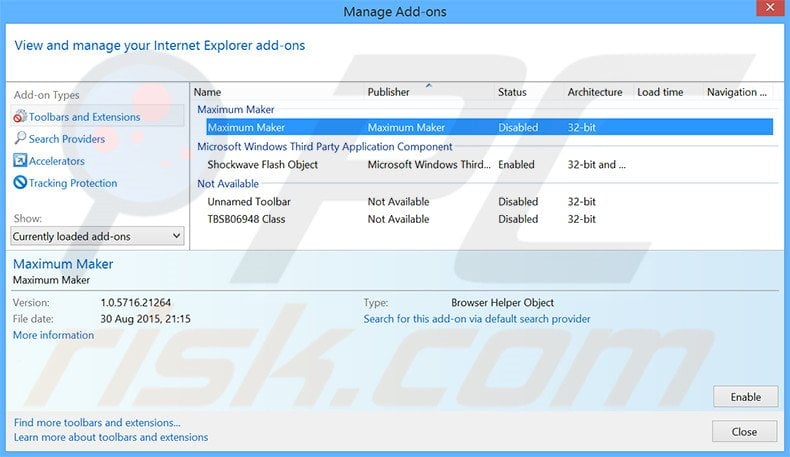 Removendo os anúncios Maximum Maker  do Internet Explorer passo 2