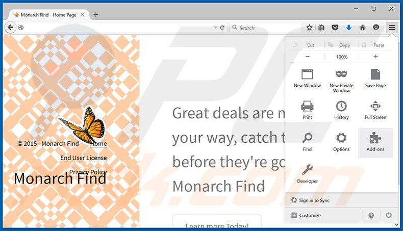 Removendo os anúncios Monarch Find do Mozilla Firefox passo 1