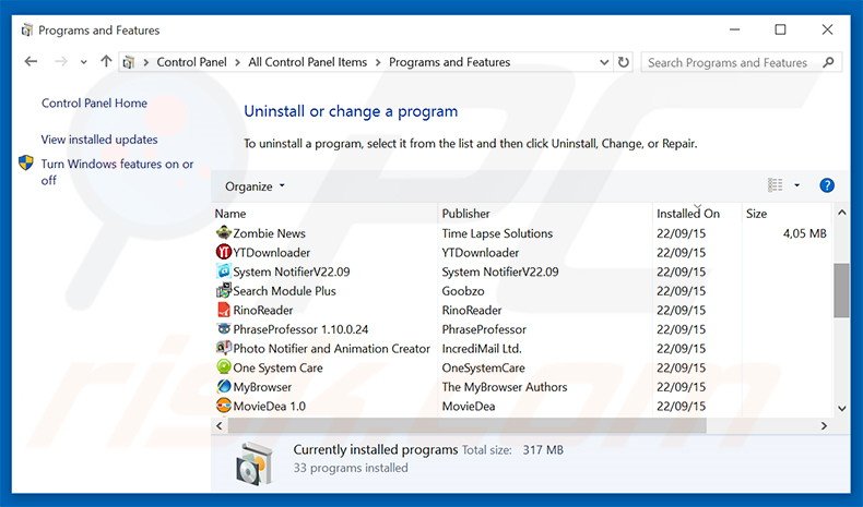 desinstalar o adware Monarch Find via Painel de Controlo