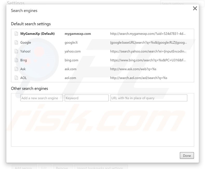 Removendo search.mygamesxp.com do motor de busca padrão do Google Chrome