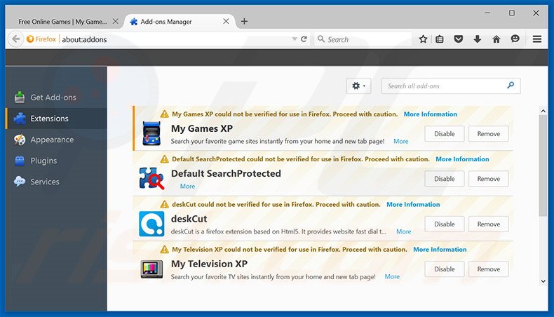 Removendo as extensões relacionadas a search.mygamesxp.com do Mozilla Firefox