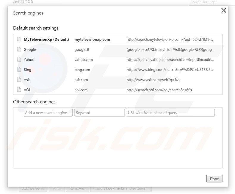 Removendo search.mytelevisionxp.com do motor de busca padrão do Google Chrome