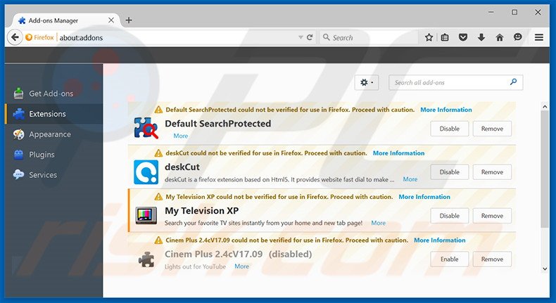 Removendo as extensões relacionadas a search.mytelevisionxp.com do Mozilla Firefox