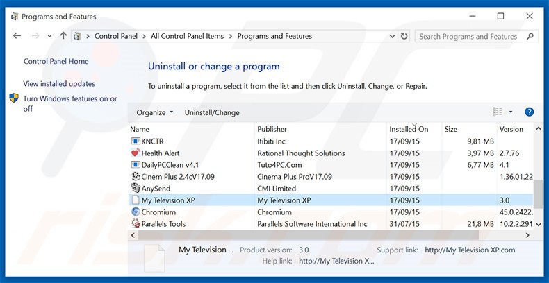 desinstalar o sequestrador de navegador search.mytelevisionxp.com via Painel de Controlo