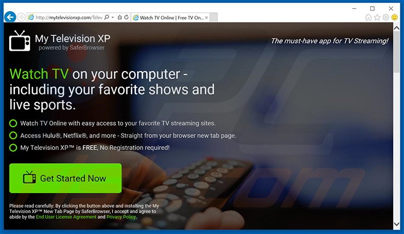 Website usado para promover o sequestrador de navegador My Television XP