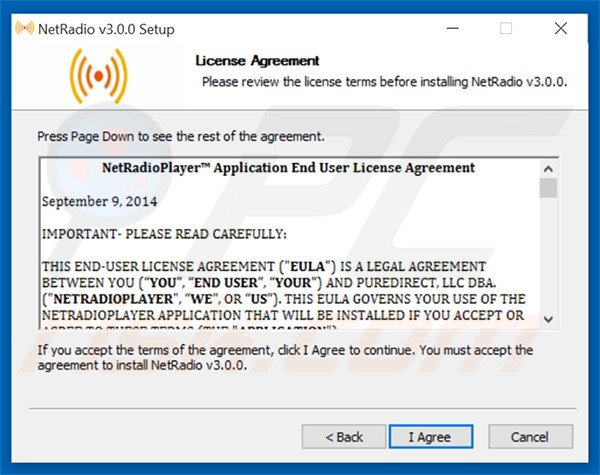 Configuração da instalação do adware oficial NetRadio