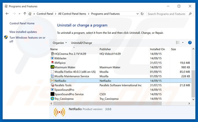 Desinstalar o adware NetRadio via Painel de Controlo