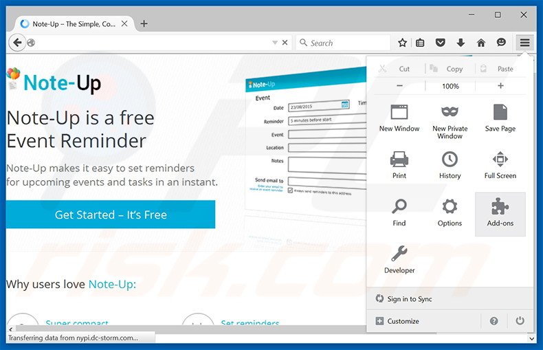 Removendo os anúncios Note-up do Mozilla Firefox passo 1