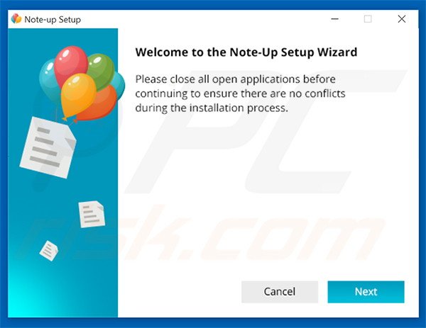 Configuração da instalação do adware Note-up