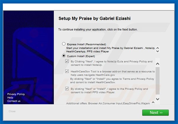Adware Note-up a ser distribuidor pelo instalador do software fraudulento