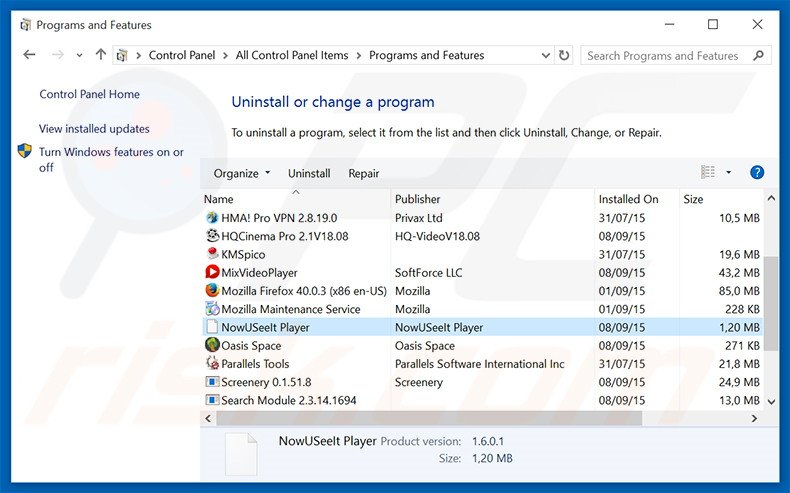 desinstalar o adware NowUSeeIt Player via Painel de Controlo