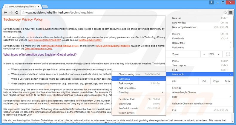 Removendo os anúncios Nuvision Global Data Remarketer do Google Chrome passo 1