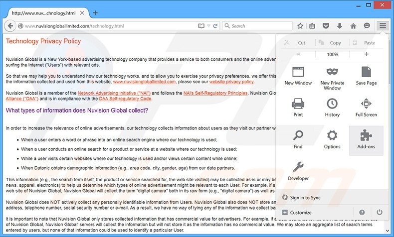 Removendo os 'Anúncios por Nuvision Global Data Remarketer' de Mozilla Firefox passo 1