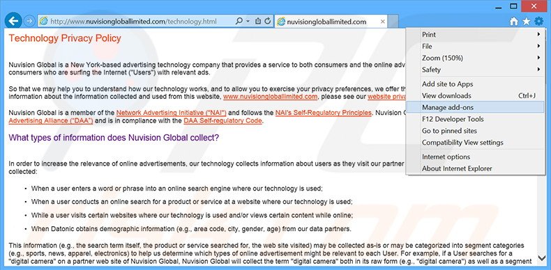 Removendo os anúncios Nuvision Global Data Remarketer do Internet Explorer passo 1